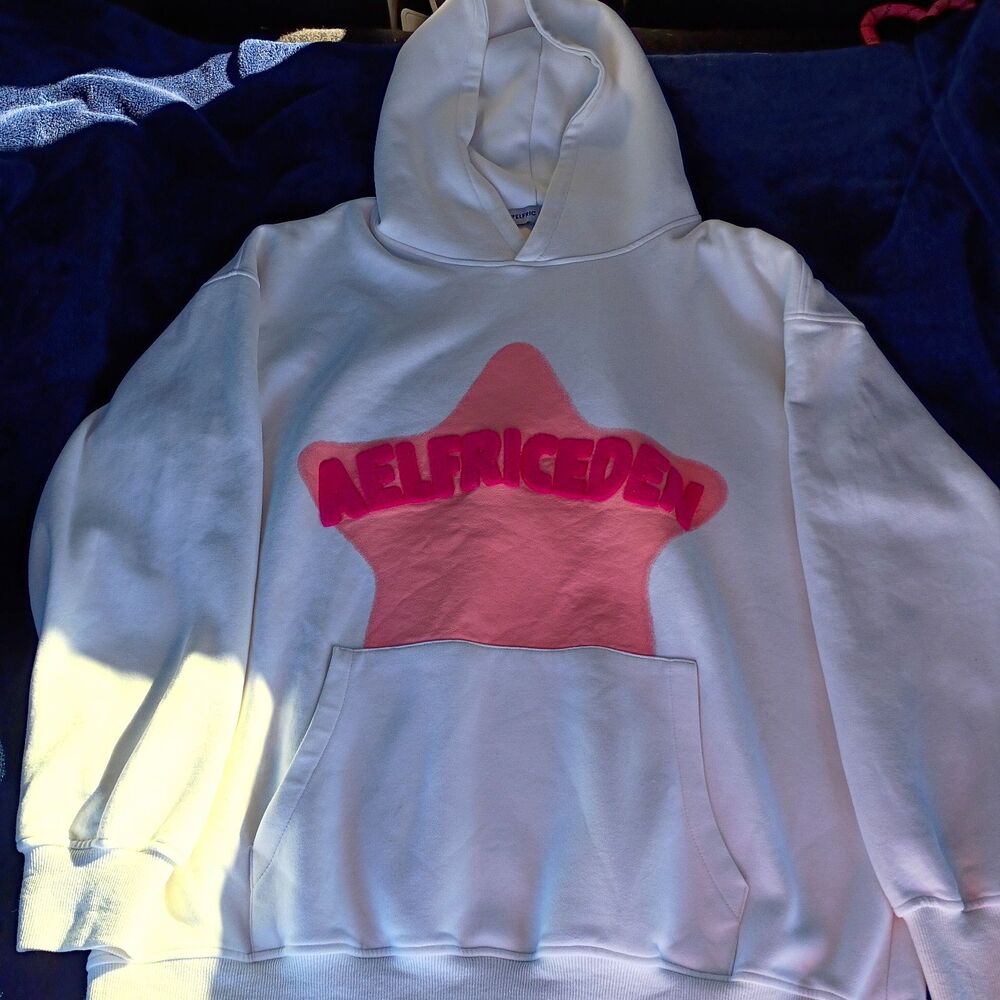 Aelfric Eden Men's L White/Pink Pullover Hoodie Graphic Logo Hooded Pockets